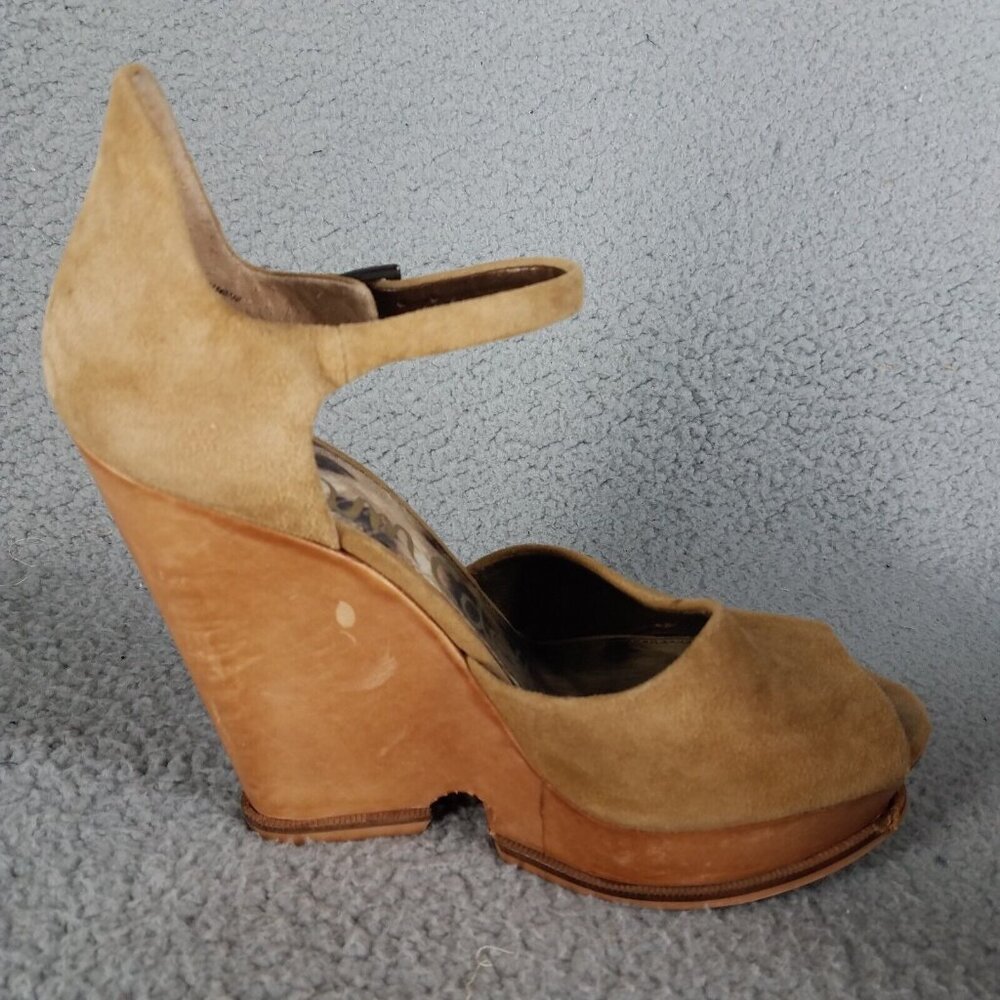 Sam Edelman Javi Wedge Sandals Women's 8 Suede Tan 5" Heel Pump Summer Party - Picture 4 of 14